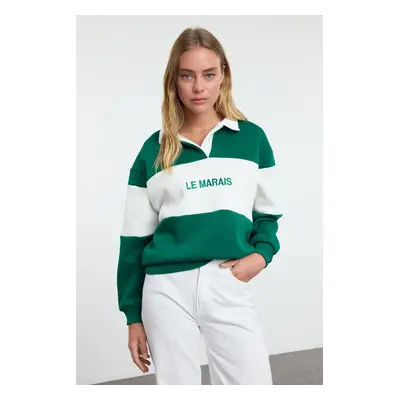 Trendyol Emerald Green Thick Fleece Regular/Normal Pattern Embroidered Polo Neck Knitted Sweatsh