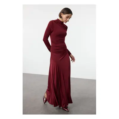 Trendyol Burgundy Fitted/Fits the Body Stand Collar Long Sleeve Flexible Maxi Knit Dress