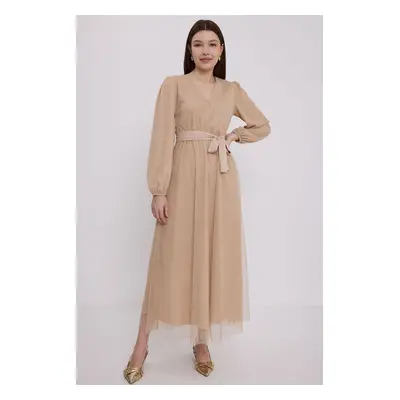 Bigdart Women&#39;s Beige Double Breasted Collar Tulle Detailed Chiffon Dress