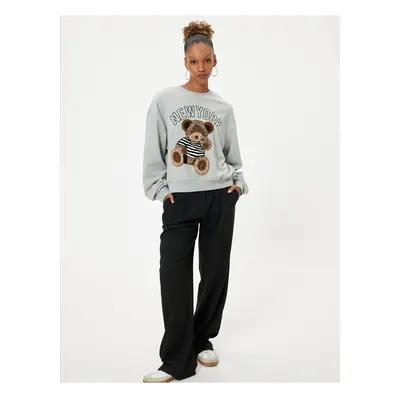 Koton Crew Neck Sweatshirt Oversize Teddy Bear Embroidered Slogan Raised