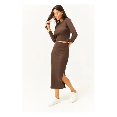 Olalook Women's Bitter Brown Crew Neck Blouse Slit Skirt Lycra Suit