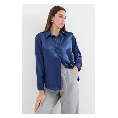 Bigdart Lightly Flowy Satin Shirt - Navy Blue