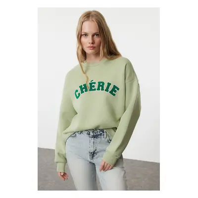 Trendyol Mint Thick Polar Fleece Embroidered Slogan Oversize/Relaxed Cut Knitted Sweatshirt