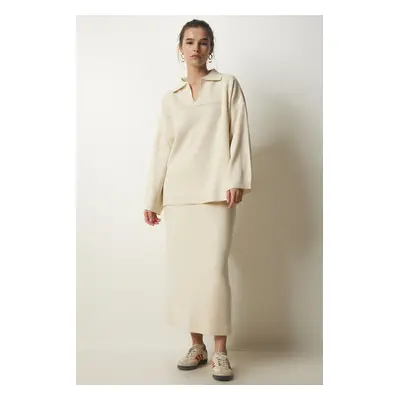 Happiness İstanbul Women's Cream Polo Neck Elegant Knitwear Sweater Skirt Suit