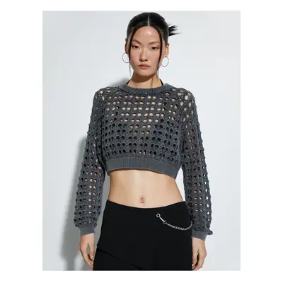 Koton Openwork Crop Sweater Crew Neck Long Sleeve