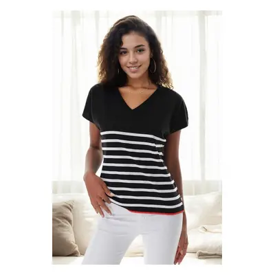 92125 Dewberry Striped Marine Short Sleeve Knitwear T-shirt-BLACK