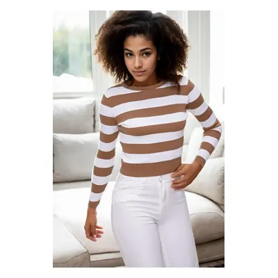 16420 Dewberry Womens Striped Crew Neck Knitwear Sweater-BEIGE