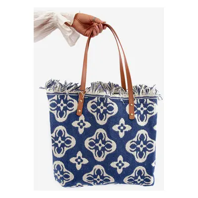 Patterned Large Woven Beach Bag Navy Blue Sadhara