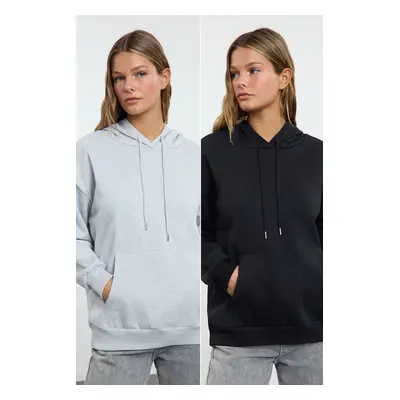 Trendyol Black-Grey 2-Pack Oversize/Wide Pattern Thick Polar Fleece Knitted Sweatshirt