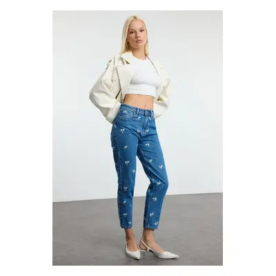 Trendyol Blue Floral Embroidered High Waist Mom Jeans