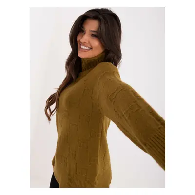 Olive green loose turtleneck sweater with patterns