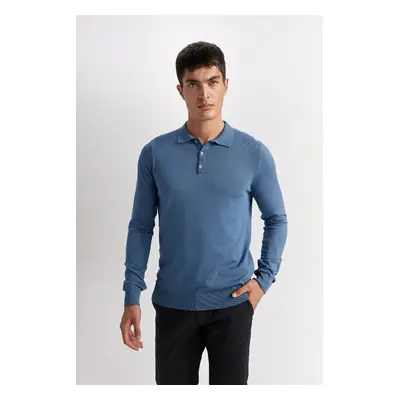 DEFACTO Men's Dark Blue Standard Fit Regular Cut Polo Collar Soft Textured Premium Knitwear Swea