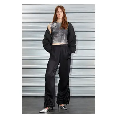 GRIMELANGE Patsy Women's Wide Leg Satin Look Black Trousers with Tie Detail