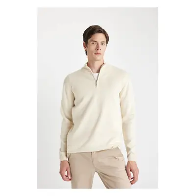 DEFACTO Men's Beige Standard Fit Regular Cut Bato Collar Zippered Ethnic Patterned Sweater