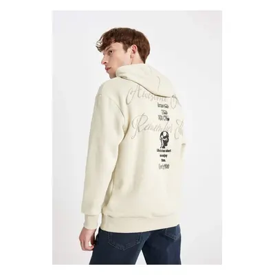 DEFACTO Men's Ecru Boxy Fit Hooded Back Printed Sweatshirt