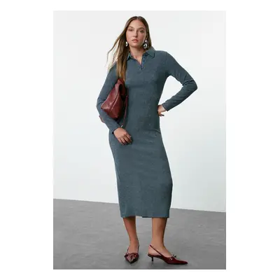 Trendyol Indigo Plain Polo Neck Bodycone/Fitting Textured Button Detailed Knitted Dress