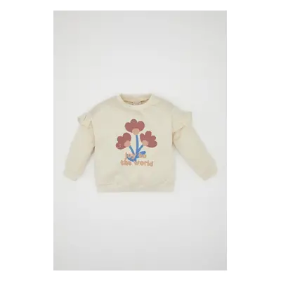 DEFACTO Baby Girl Regular Fit Crew Neck Floral Printed Soft Furry Thin Sweatshirt