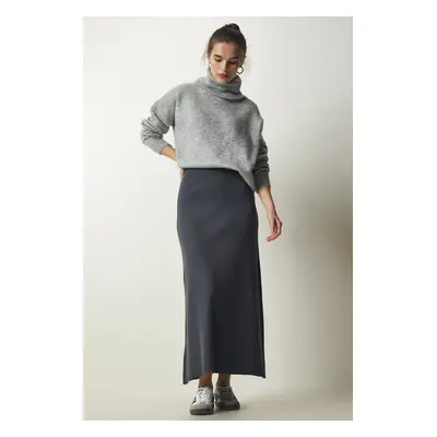 Happiness İstanbul Women's Anthracite Ribbed Knitwear Skirt