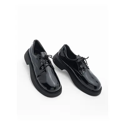 Marjin Women's Oxford Lace-up High Sole Casual Shoes Tusyep Black Patent Leather