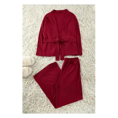 Trendyol Burgundy Belted Cotton Loose Fit Knitted Pajamas Set