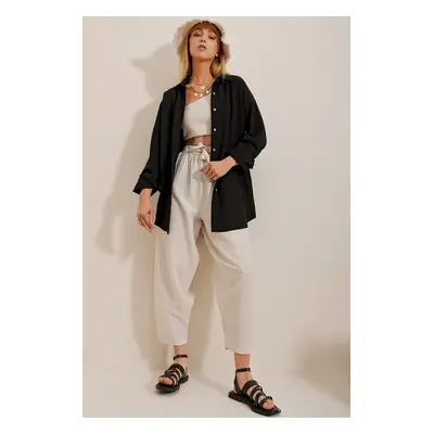 Trend Alaçatı Stili Women's Black Oversized Linen Shirt