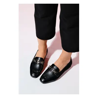 LuviShoes PECOS Women's Black Skin Buckle Loafer Shoes