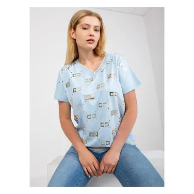 Light blue cotton blouse of large size with V-neck