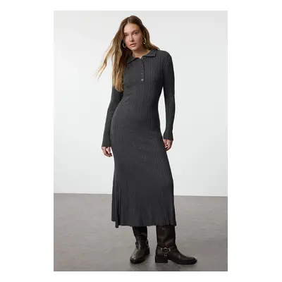 Trendyol Anthracite Polo Collar Rib Knit Dress