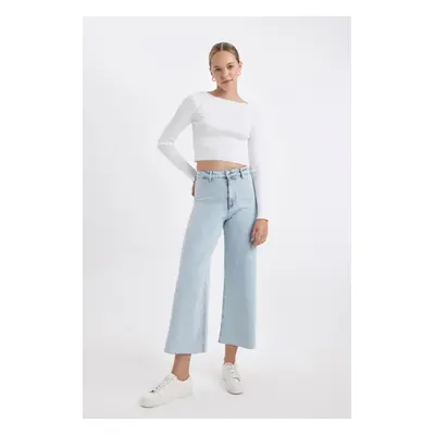 DEFACTO Culotte High Waist Washed Long Jean Trousers