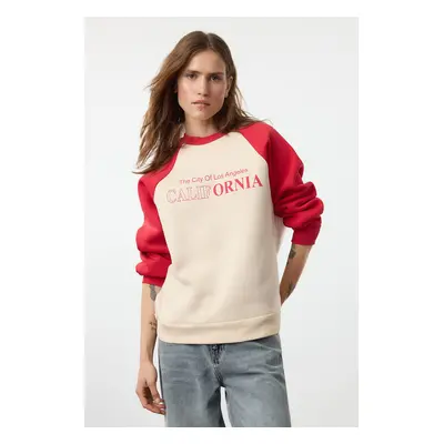 Trendyol Dark Cherry Relaxed/comfortable Pattern Slogan Printed Thick Polar Fleece Knitted Sweat