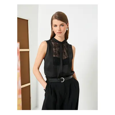 Koton Satin Shirt Grand Collar Laced Sleeveless