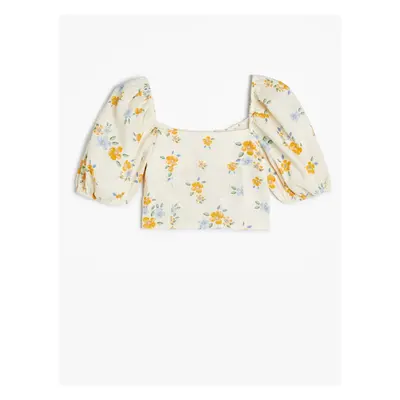 Koton Linen Crop Blouse Floral Square Neck Gipe Detailed