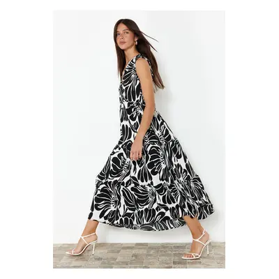 Trendyol Black Printed Double Breasted Covered Stretchy Maxi Knitted Dress with Ruffle Skirt