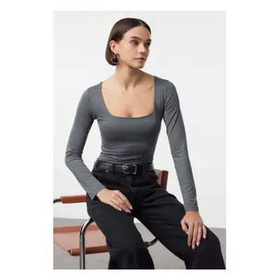 Trendyol Anthracite Square Neck Snap-Front Premium Knitted Bodysuit