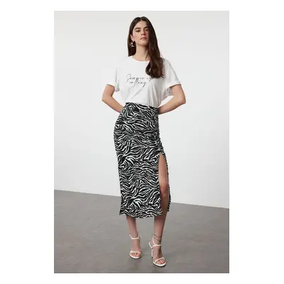 Trendyol Black Zebra Patterned Textured Slit Gathered Flexible Midi Knitted Skirt