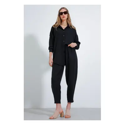 Bigdart Women's Black Oversize Linen Bottom Top Set