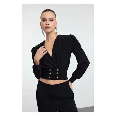 Trendyol Black Crop Button Detailed Knitted Blouse