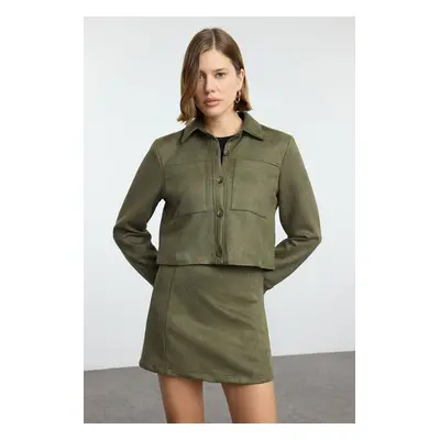 Trendyol Khaki Pocket Detailed Suede Fabric Crop Woven Regular Regular Fit Jacket