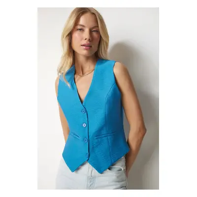 Happiness İstanbul Women's Blue V-Neck Elegant Ayrobin Vest