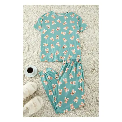 Trendyol Curve Mint Teddy Bear Patterned Jogger Fit Knitted Pajama Set