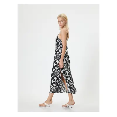 Koton Thin Strap Midi Floral Dress Linen Blend Slit Detail Tie Back