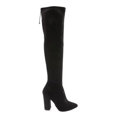 DGN Women's Stretch Detailed Pointed Toe Knee High Heeled Boots