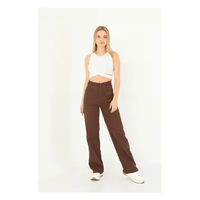 BİKELİFE Women's Brown Wide Leg Palazzo High Waist Trousers