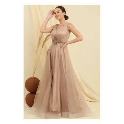 By Saygı V Neck Waist Stoned Lined Top Glitter Inside Satin Long Princess Dress