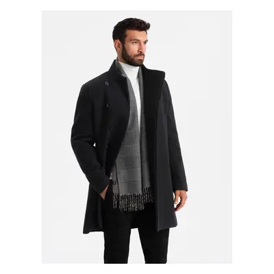 Ombre Men's coat with high collar and asymmetrical fastening - black