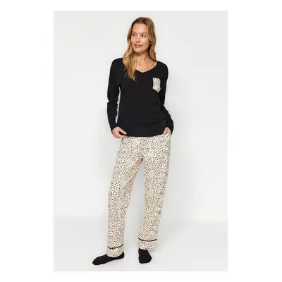 Trendyol Black 100% Cotton Multi Color Leopard Patterned Tshirt-Pants Knitted Pajamas Set