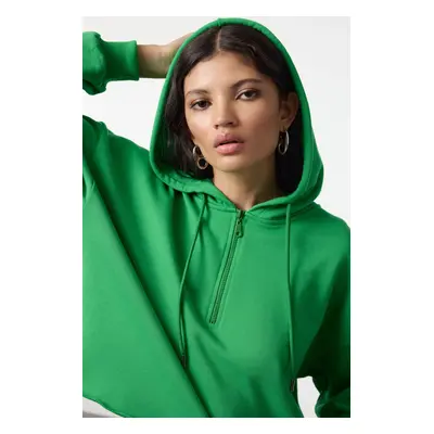 Trendyol Green Thick Polar Fleece Hooded Zippered Crop Knit Sweatshirt