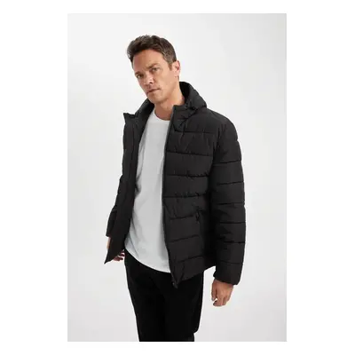 DEFACTO Men's Black Water Repellent Slim Fit Slim Cut Hooded Zippered Pocket Lined Puffer Jacket