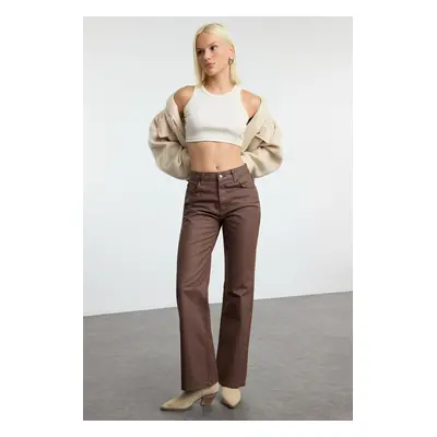 Trendyol Brown Coated High Waist Wide Leg Jeans