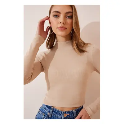 Happiness İstanbul Women's Cream Ribbed Turtleneck Crop Knitted Blouse